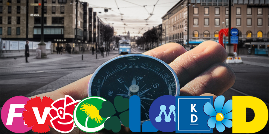 Feministiskt Initiativ, Vänsterpartiet, Socialdemokraterna, Miljöpartiet, Centerpartiet, Liberalerna, Moderaterna, Kristdemokraterna, Sverigedemokraterna och Demokraterna framför en kompass.